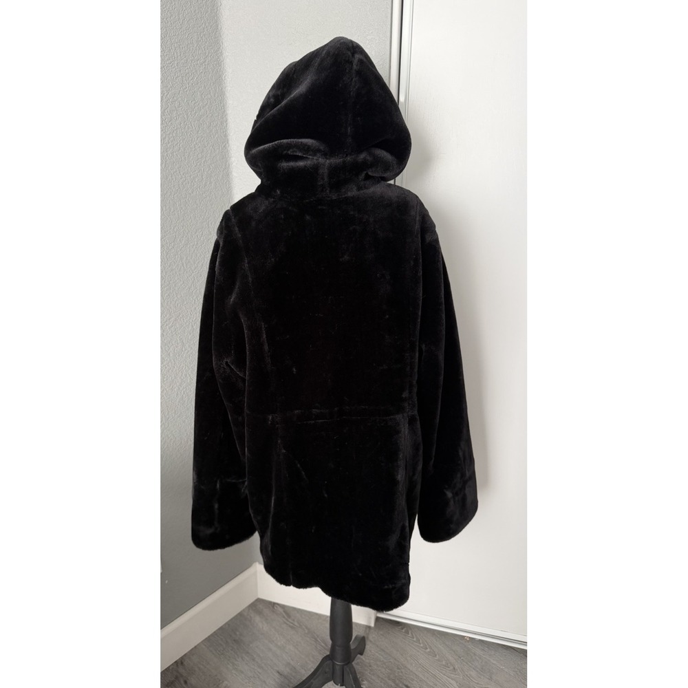 Dennis Basso Faux Fur Coat Womens L Black Hooded Plush Jacket Soft Lined - Picture 3 of 8